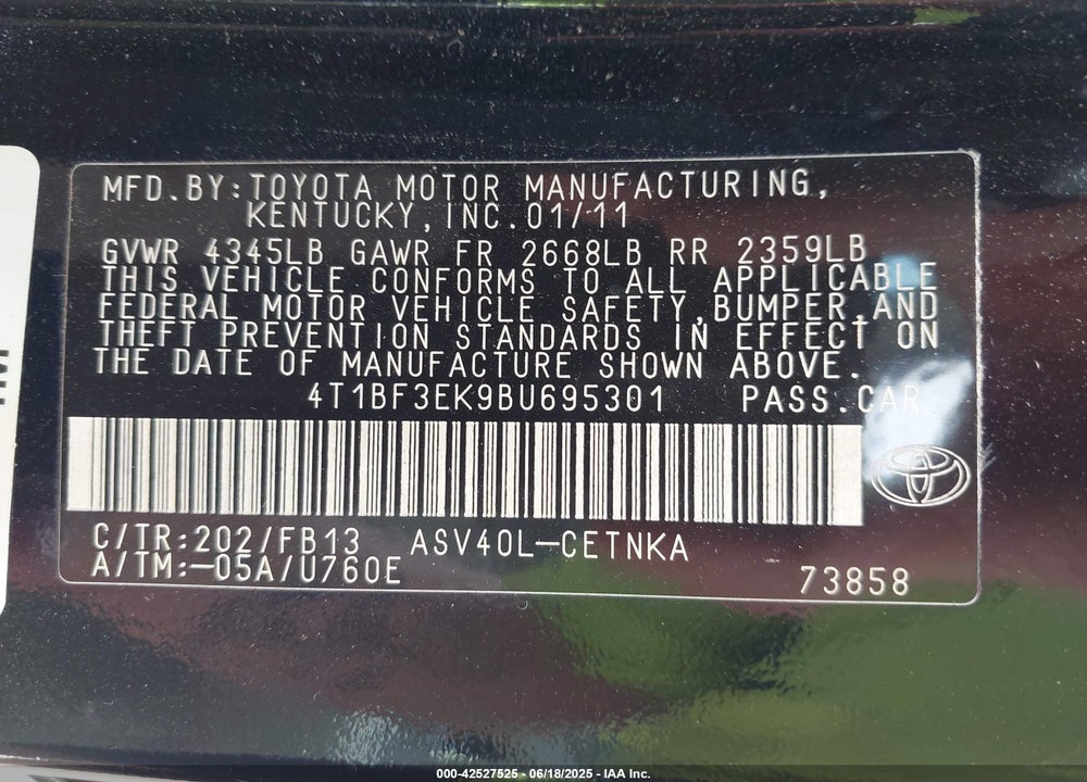 2011 TOYOTA CAMRY VIN: 4T1BF3EK9BU695301