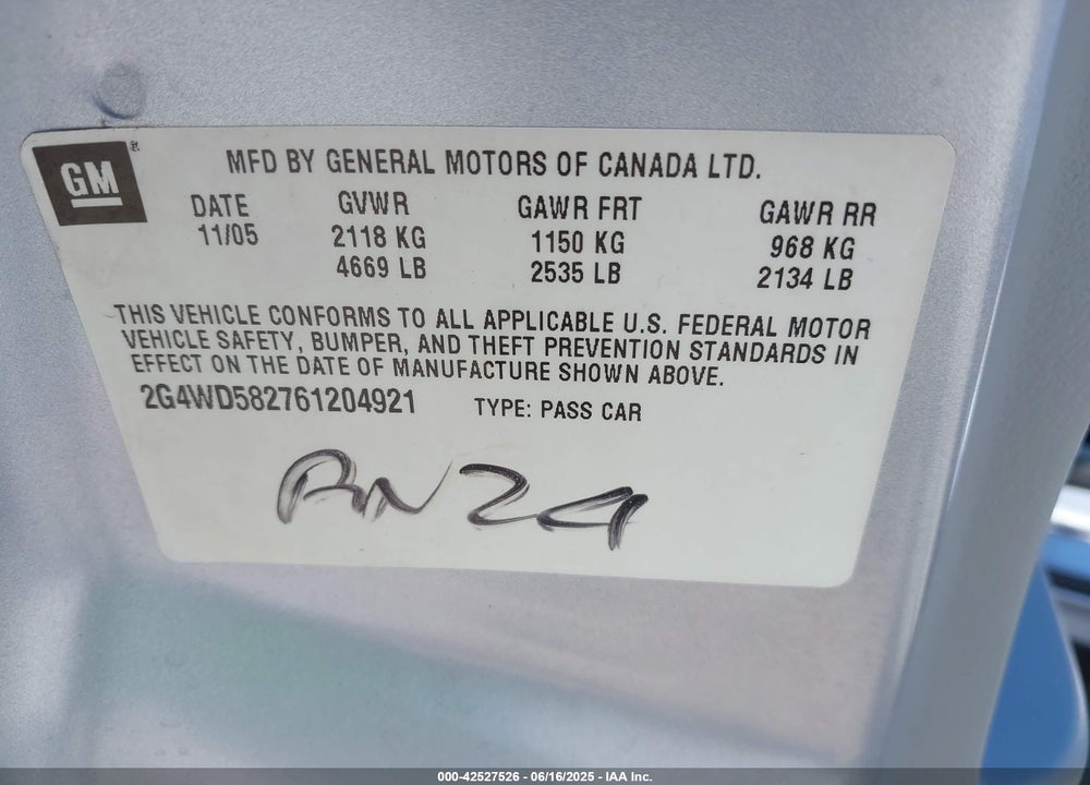 2006 BUICK LACROSSE VIN: 2G4WD582761204921