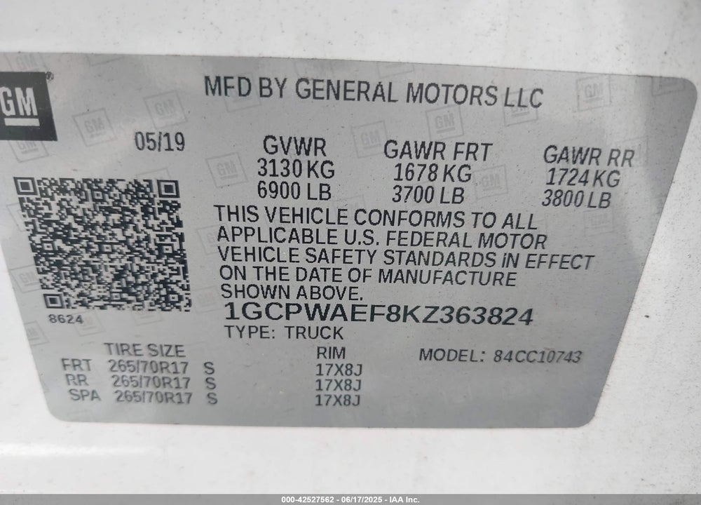 2019 CHEVROLET SILVERADO 1500 WORK TRUCK VIN: 1GCPWAEF8KZ363824