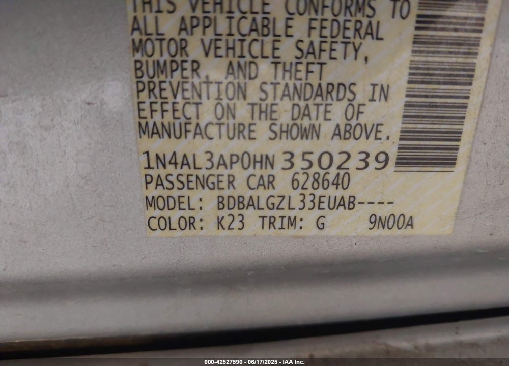 2017 NISSAN ALTIMA VIN: 1N4AL3AP0HN350239
