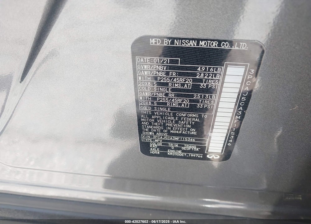 2021 INFINITI QX50 VIN: 3PCAJ5CA3MF115346
