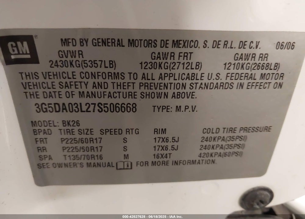 2007 BUICK RENDEZVOUS VIN: 3G5DA03L27S506668
