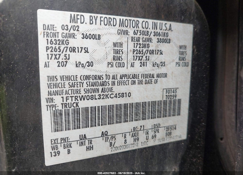 2002 FORD F-150 LARIAT/XLT VIN: 1FTRW08L32KC45810