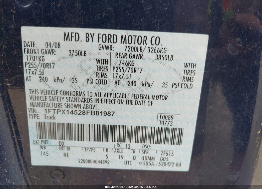 2008 FORD F150 VIN: 1FTPX14528FB81987