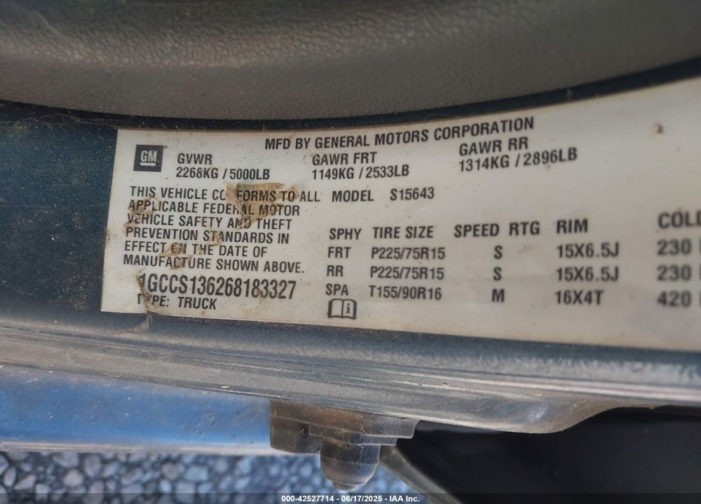 2006 CHEVROLET COLORADO VIN: 1GCCS136268183327