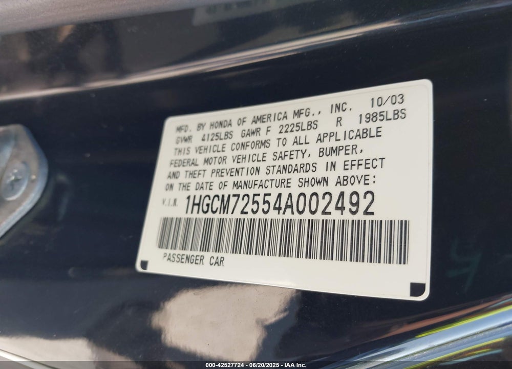 2004 HONDA ACCORD 2.4 EX VIN: 1HGCM72554A002492
