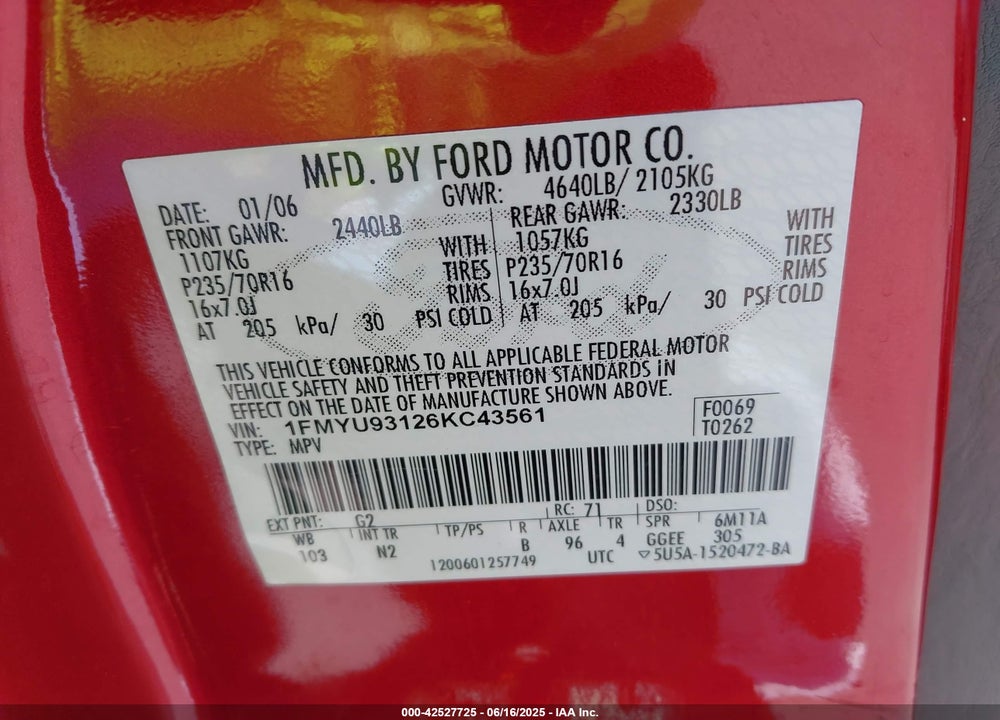 2006 FORD ESCAPE XLT/XLT SPORT VIN: 1FMYU93126KC43561