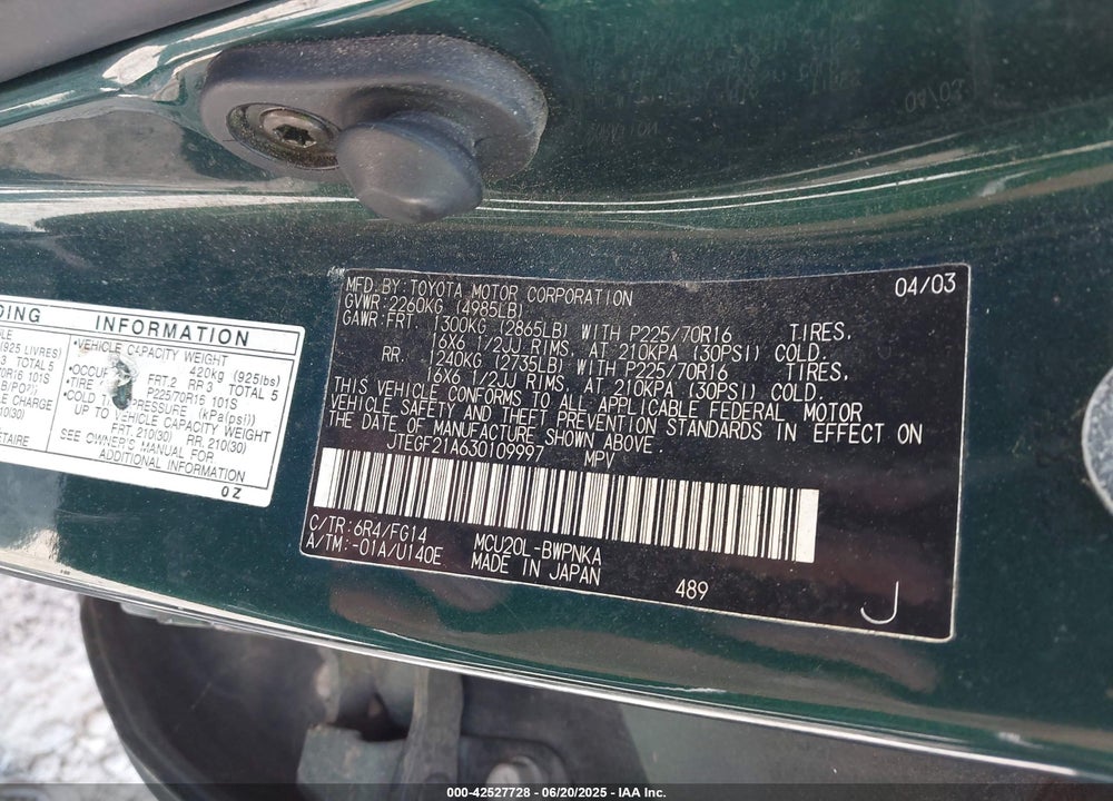 2003 TOYOTA HIGHLANDER V6 VIN: JTEGF21A630109997
