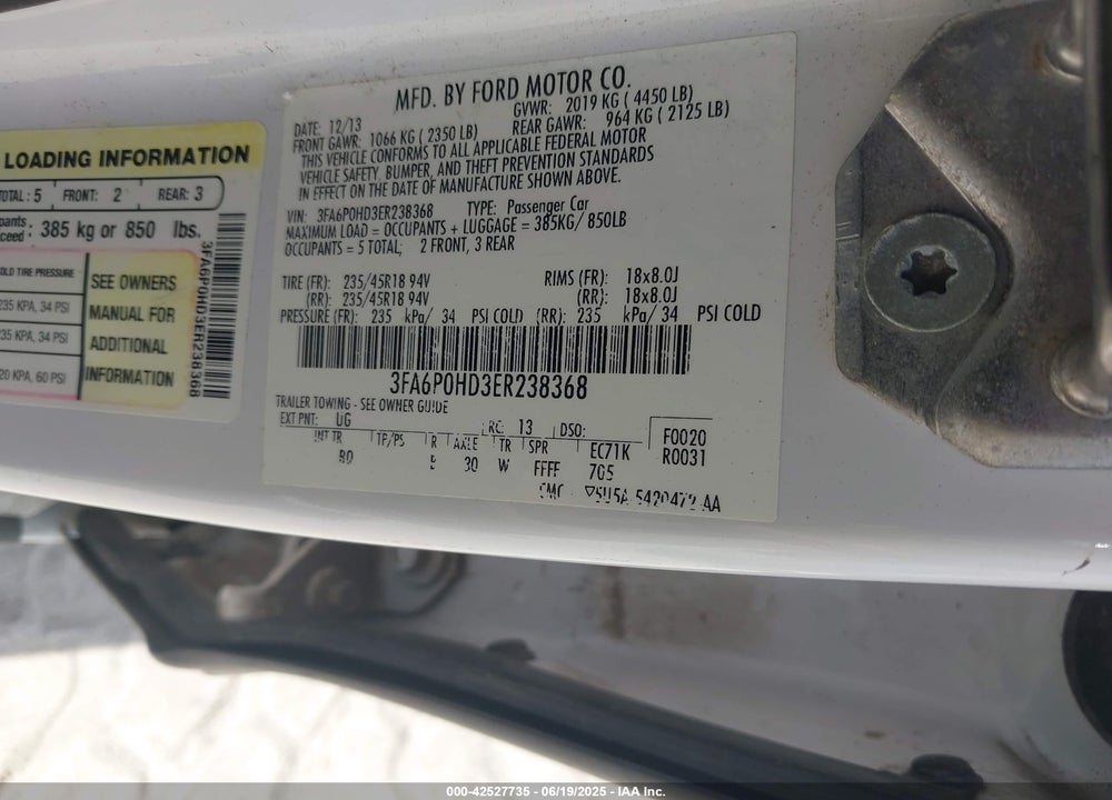 2014 FORD FUSION VIN: 3FA6P0HD3ER238368