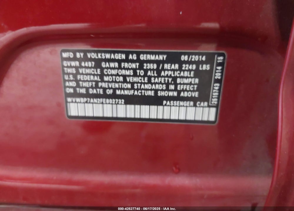 2015 VOLKSWAGEN CC VIN: WVWBP7AN2FE802732