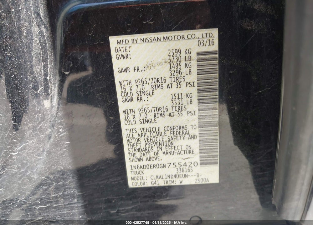 2016 NISSAN FRONTIER VIN: 1N6AD0ER0GN755420
