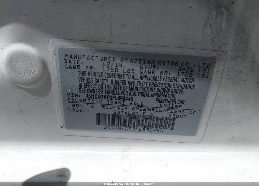 2015 NISSAN VERSA VIN: 3N1CN7AP3FL890446