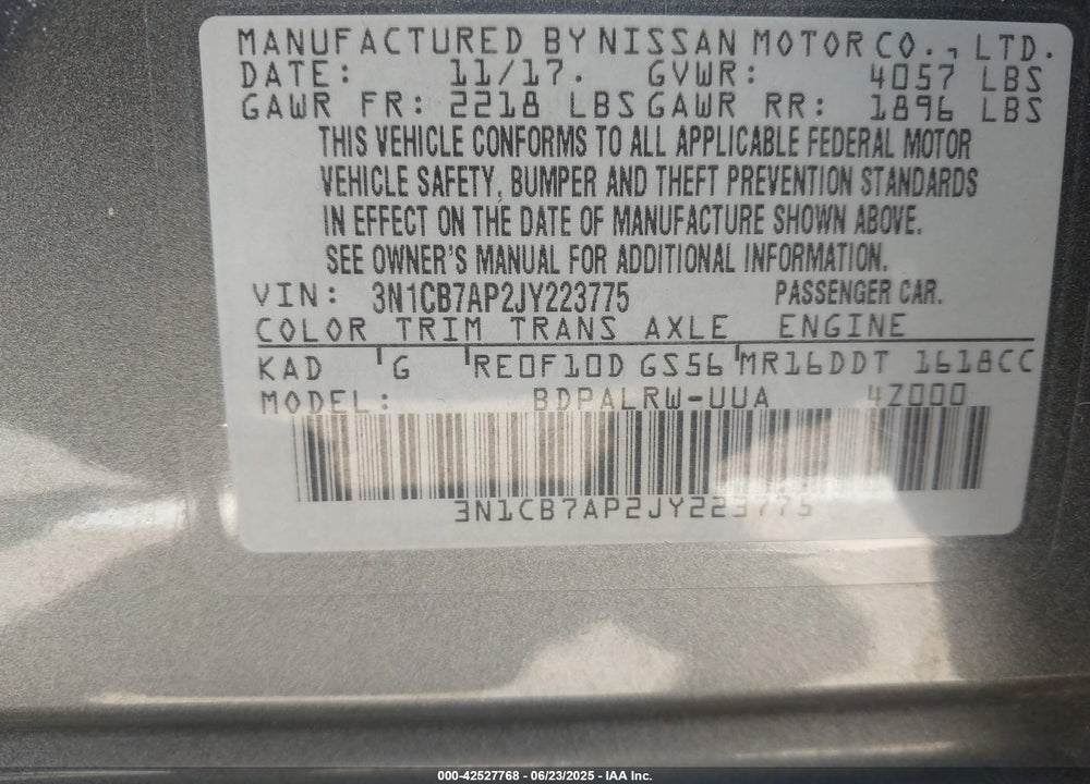 2018 NISSAN SENTRA VIN: 3N1CB7AP2JY223775
