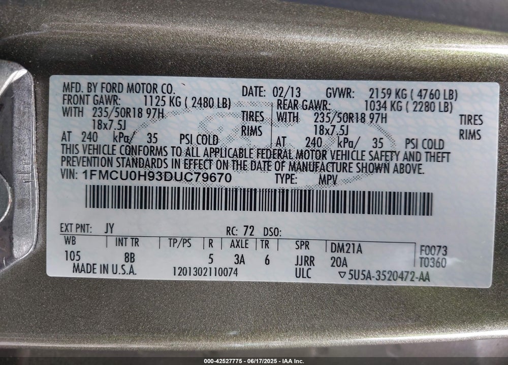 2013 FORD ESCAPE SEL VIN: 1FMCU0H93DUC79670