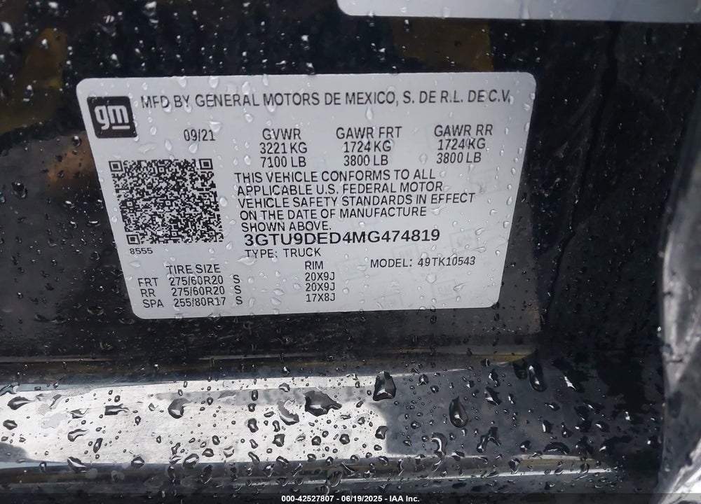 2021 GMC SIERRA 1500 VIN: 3GTU9DED4MG474819