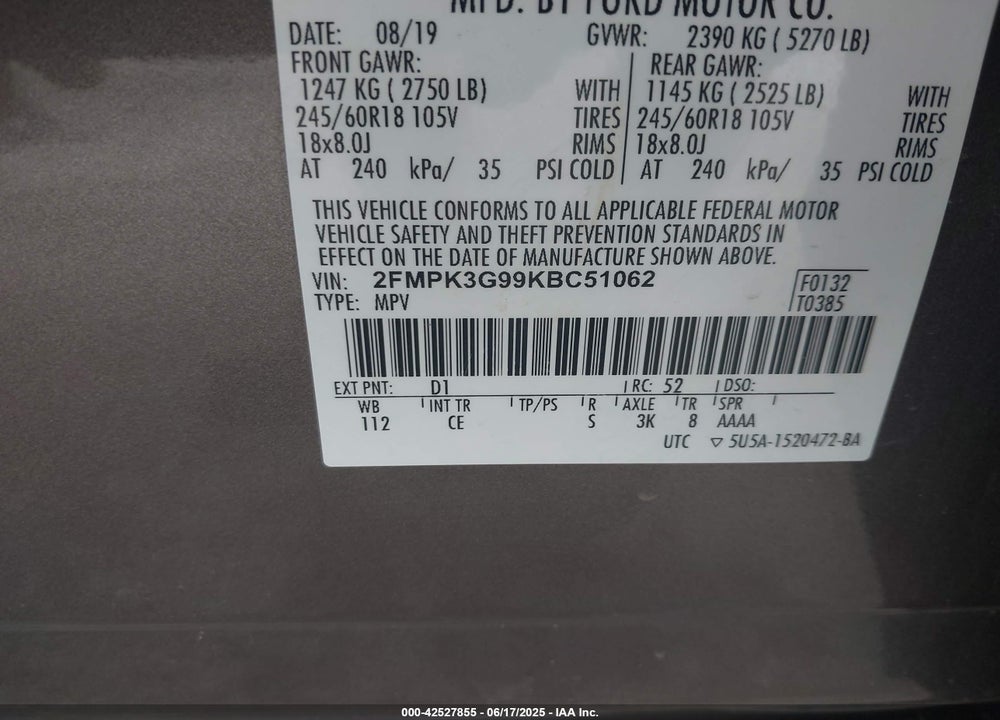 2019 FORD EDGE SE VIN: 2FMPK3G99KBC51062