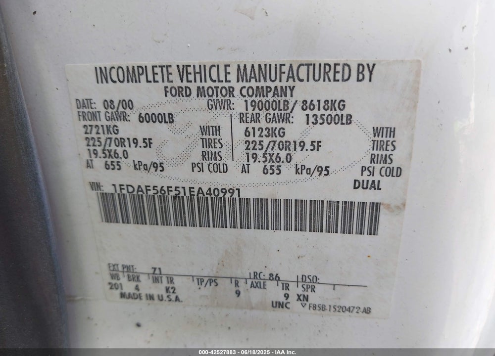 2001 FORD F-550 XL/XLT VIN: 1FDAF56F51EA40991