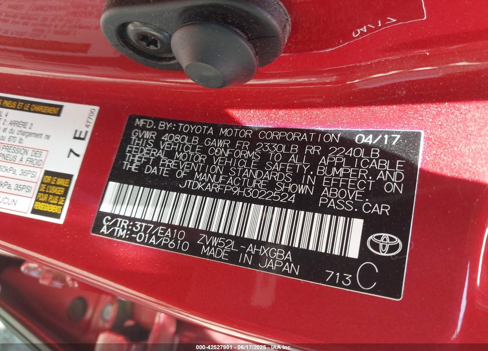 2017 TOYOTA PRIUS PRIME VIN: JTDKARFP9H3022524