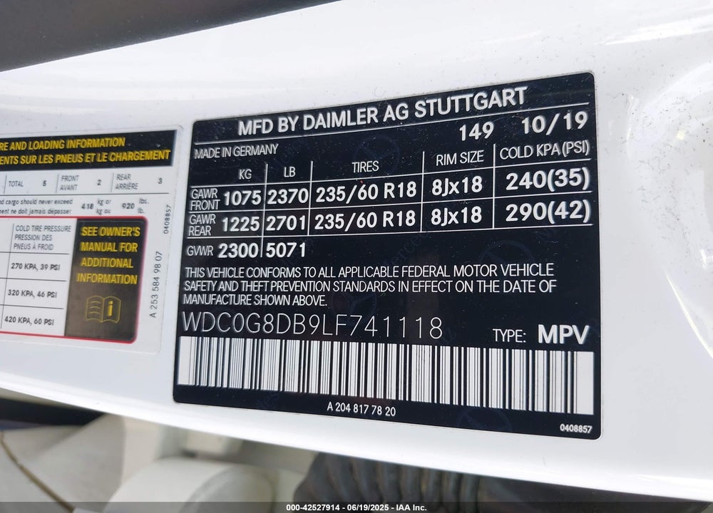 2020 MERCEDES-BENZ GLC CLASS VIN: WDC0G8DB9LF741118