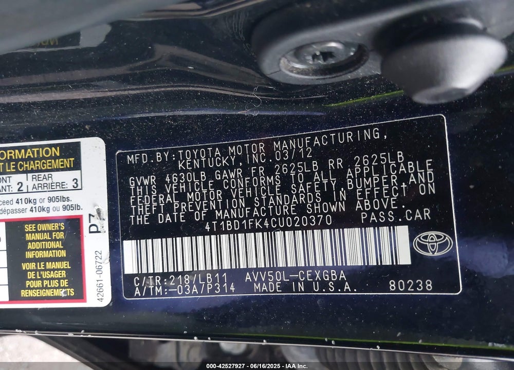 2012 TOYOTA CAMRY HYBRID VIN: 4T1BD1FK4CU020370