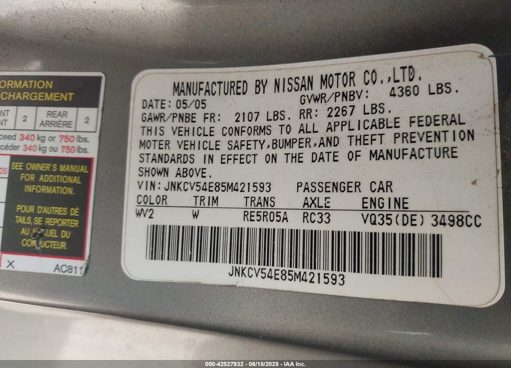 2005 INFINITI G35 VIN: JNKCV54E85M421593