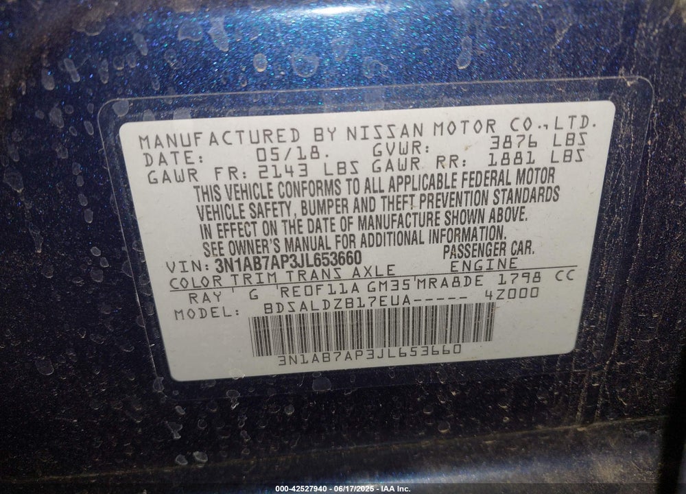2018 NISSAN SENTRA VIN: 3N1AB7AP3JL653660