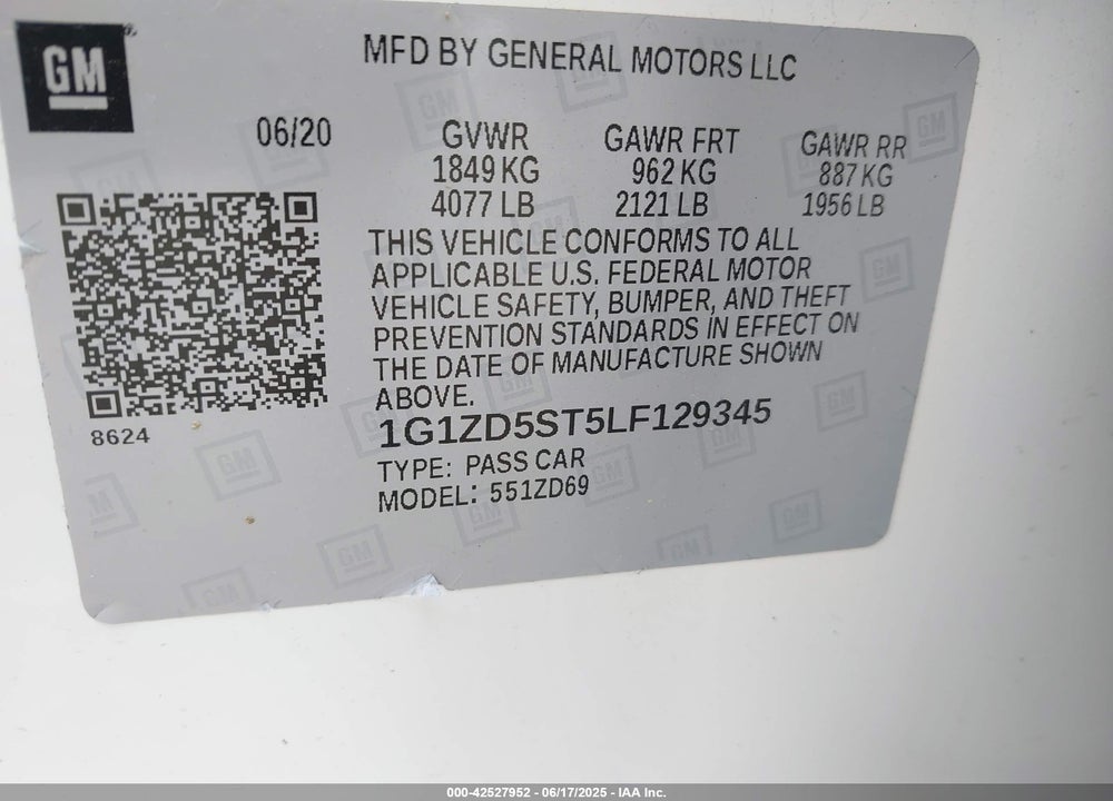 2020 CHEVROLET MALIBU VIN: 1G1ZD5ST5LF129345