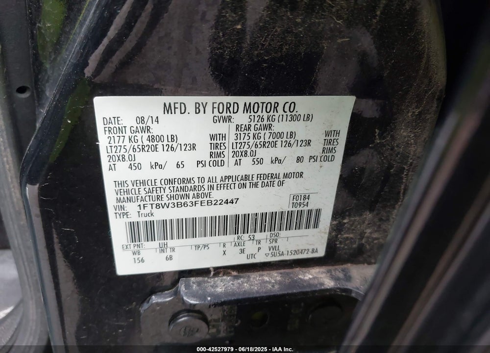 2015 FORD F-350 LARIAT VIN: 1FT8W3B63FEB22447