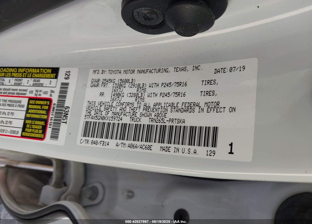 2019 TOYOTA TACOMA VIN: 5TFAX5GN0KX159724