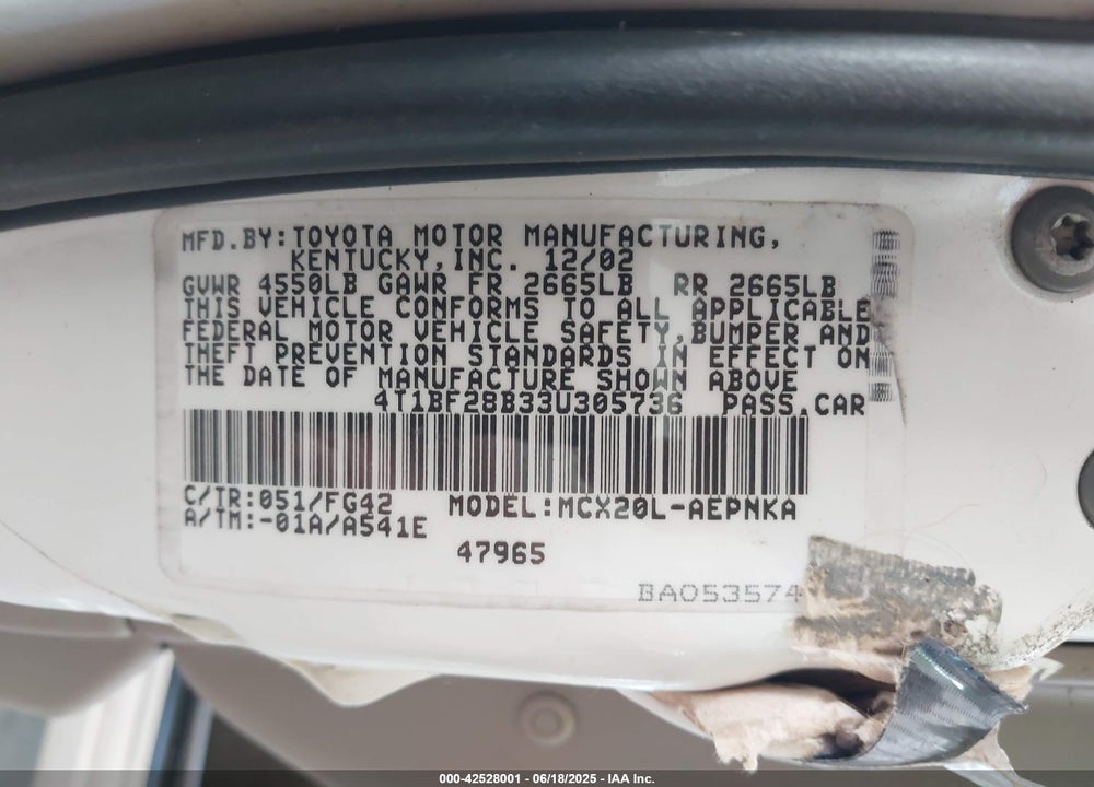 2003 TOYOTA AVALON XL VIN: 4T1BF28B33U305736
