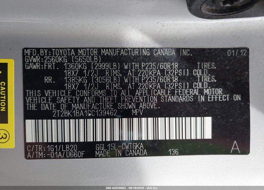 2012 LEXUS RX 350 VIN: 2T2BK1BA1CC139462