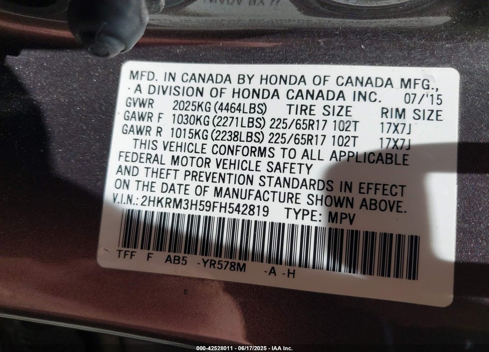 2015 HONDA CR-V EX VIN: 2HKRM3H59FH542819