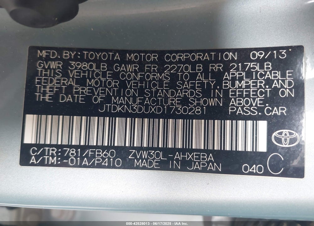 2013 TOYOTA PRIUS THREE VIN: JTDKN3DUXD1730281