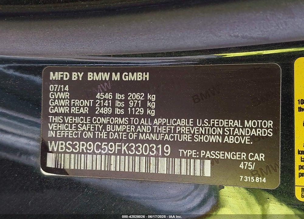 2015 BMW M4 VIN: WBS3R9C59FK330319