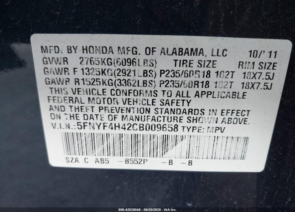 2012 HONDA PILOT EX VIN: 5FNYF4H42CB009658