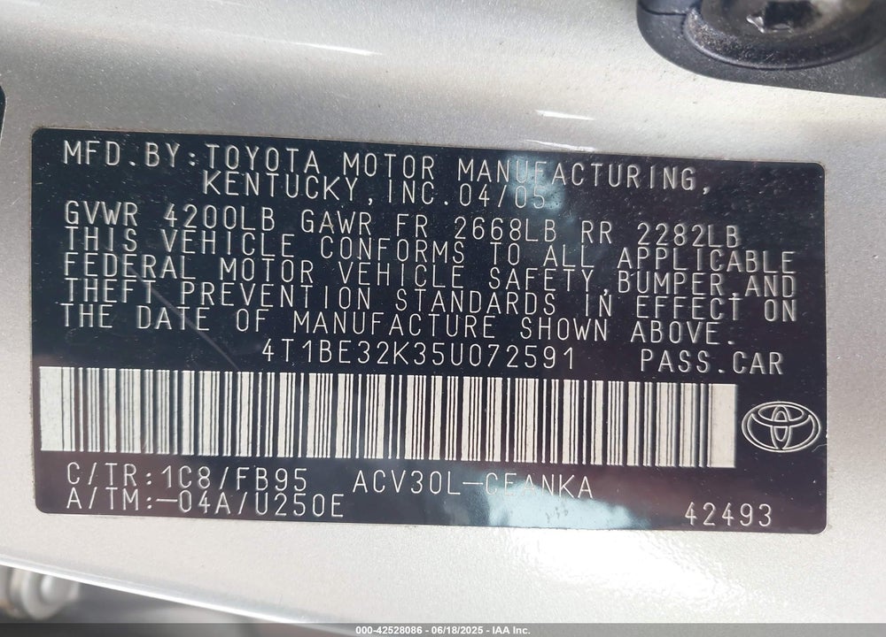 2005 TOYOTA CAMRY LE VIN: 4T1BE32K35U072591
