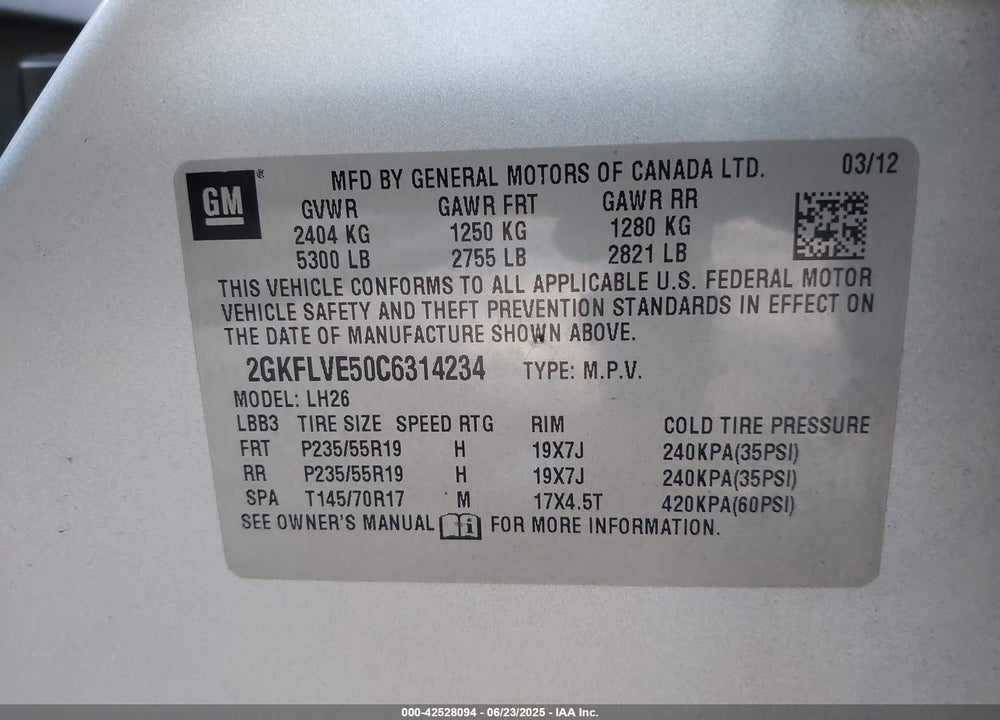 2012 GMC TERRAIN VIN: 2GKFLVE50C6314234