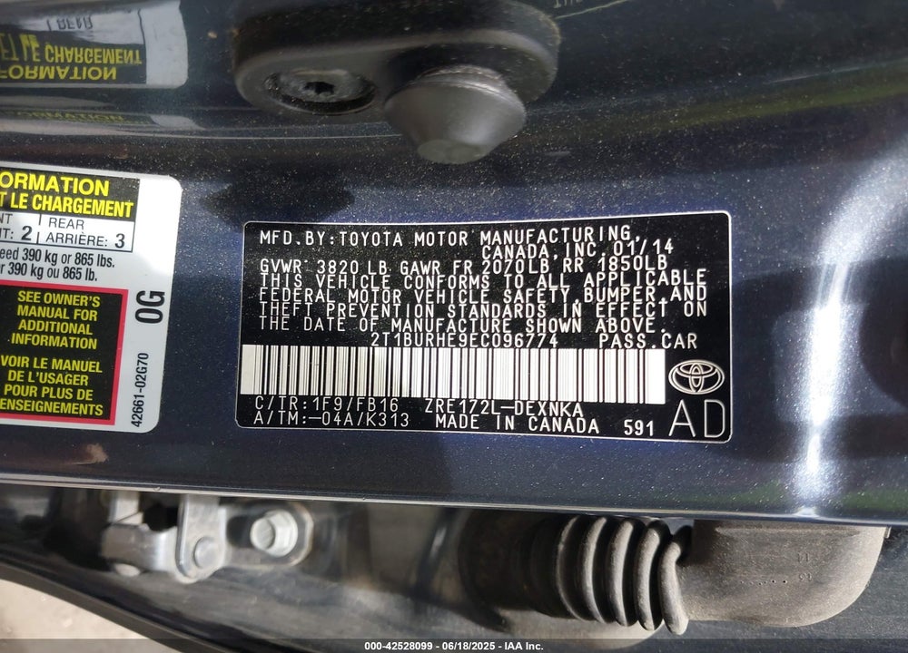 2014 TOYOTA COROLLA VIN: 2T1BURHE9EC096774