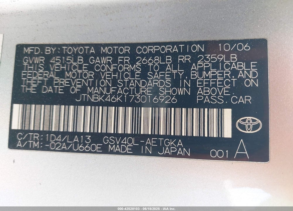 2007 TOYOTA CAMRY VIN: JTNBK46K173016926