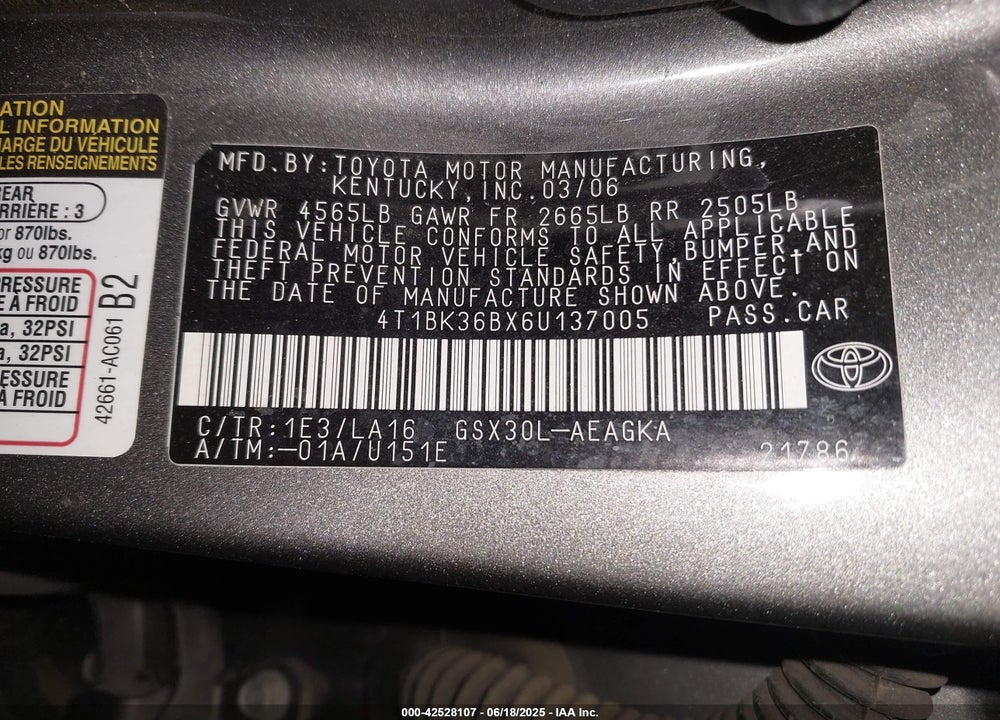2006 TOYOTA AVALON XLS VIN: 4T1BK36BX6U137005