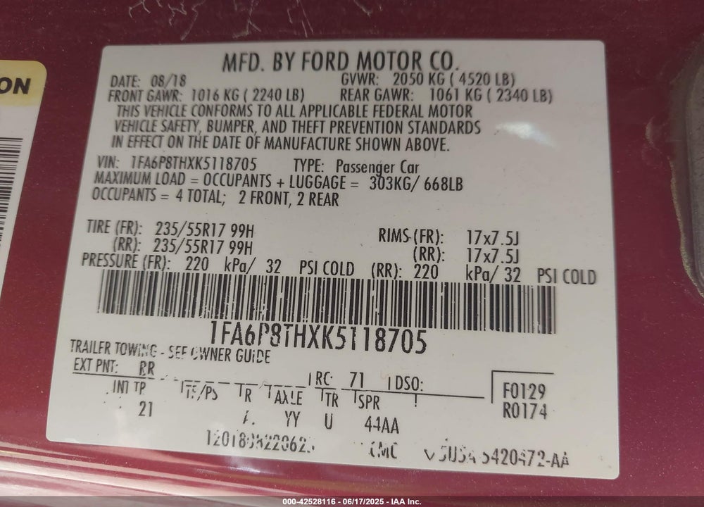 2019 FORD MUSTANG ECOBOOST VIN: 1FA6P8THXK5118705