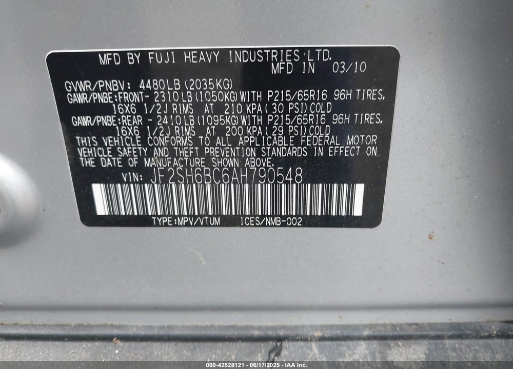 2010 SUBARU FORESTER VIN: JF2SH6BC6AH790548