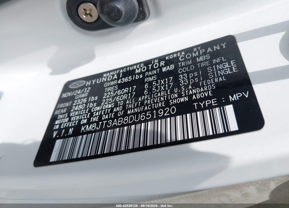 2013 HYUNDAI TUCSON VIN: KM8JT3AB8DU651920