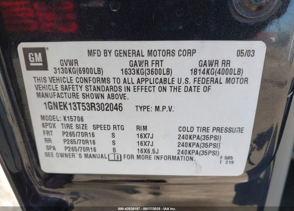 2003 CHEVROLET TAHOE LT VIN: 1GNEK13T53R302046