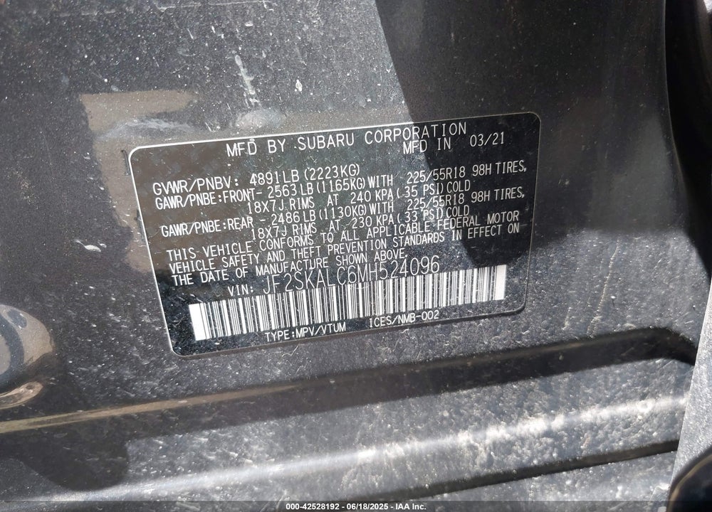 2021 SUBARU FORESTER VIN: JF2SKALC6MH524096