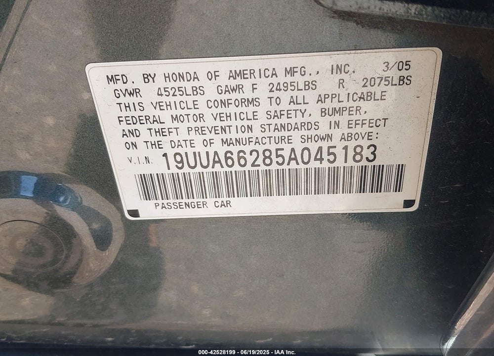 2005 ACURA TL VIN: 19UUA66285A045183