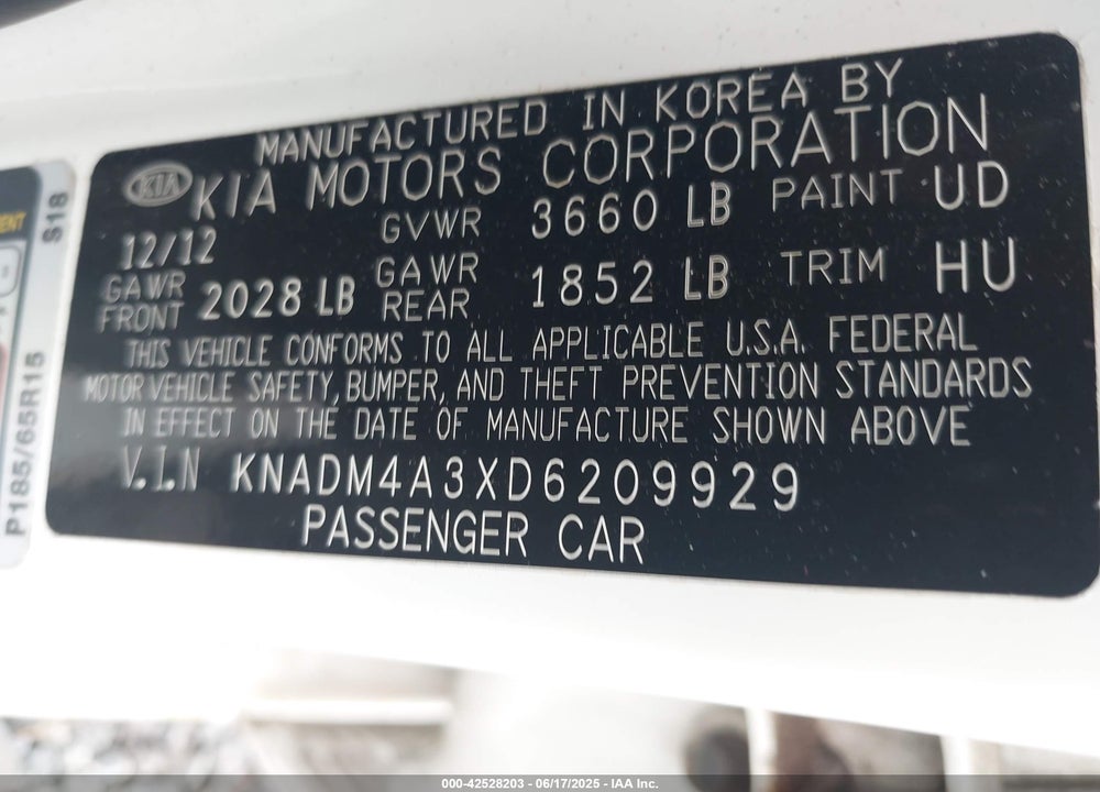 2013 KIA RIO VIN: KNADM4A3XD6209929