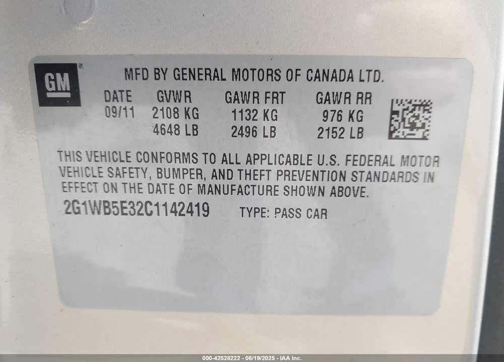 2012 CHEVROLET IMPALA VIN: 2G1WB5E32C1142419