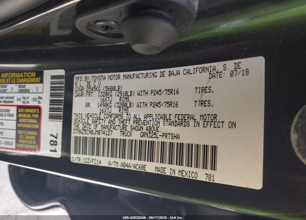 2018 TOYOTA TACOMA VIN: 3TMAZ5CN0JM074127