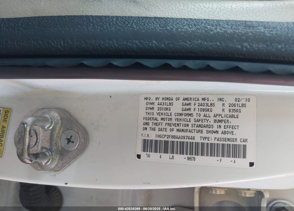 2010 HONDA ACCORD 2.4 EX-L VIN: 1HGCP2F88AA097446